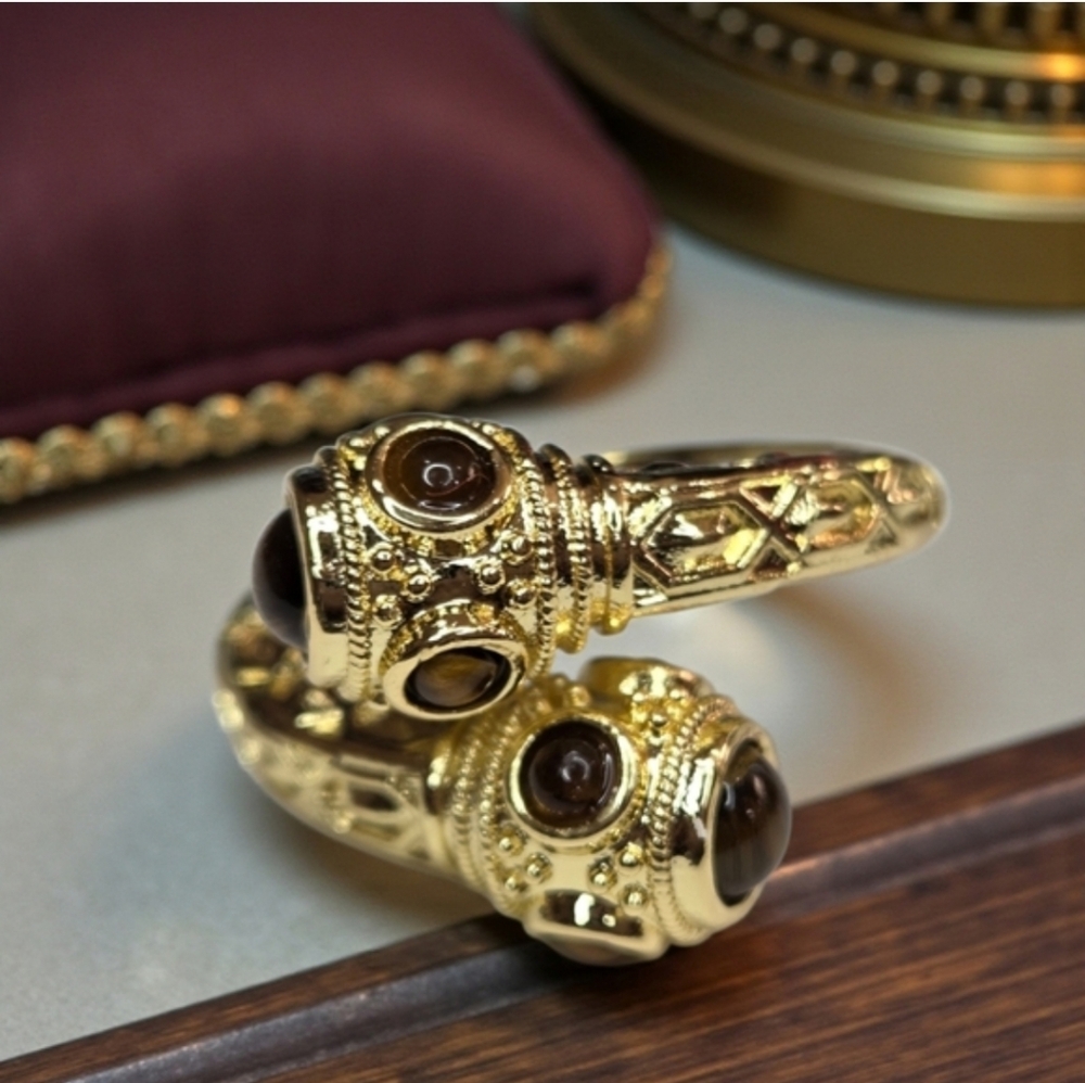18k Gold Plated Byzantine Filigree Tigers Eye Cabochon Stone Bypass Ring